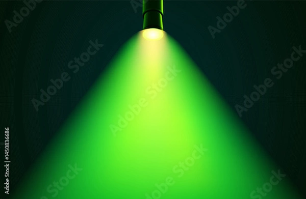 Fototapeta Vector green wide ray top spotlight with soft shades on dark background