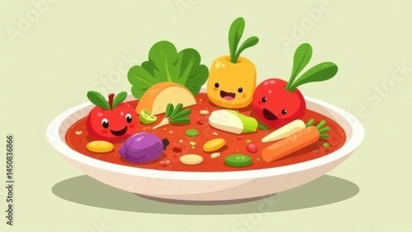 Obraz Adorable Cartoon Vegetables in a Bowl of Hearty Soup