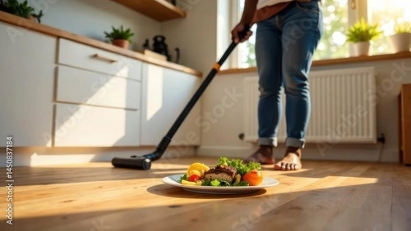 Obraz Unexpected Mess: Vacuum Cleaner Near Plate of Dropped Food