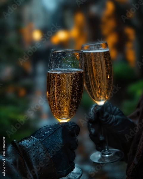 Obraz Close-up shot of two champagne glasses clinking in a toast. The glasses are held by hands covered by a black gloves, festive and celebratory atmosphere