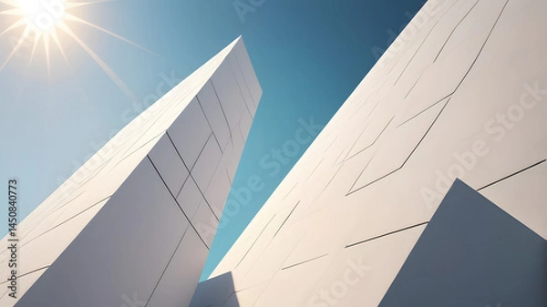 Obraz Modern wall decor with sunlight pouring in, copy space. Bottom view to exterior design texture. Contemporary building pattern with blue clouds