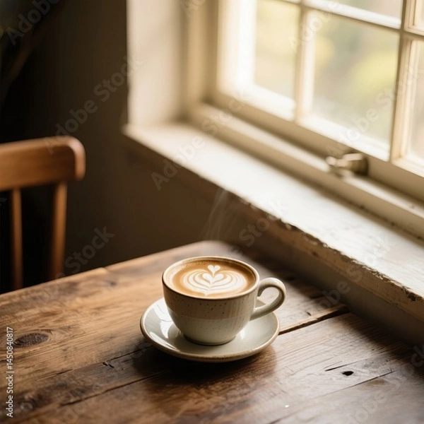 Obraz close up cup of coffee placed on a rustic wooden table near a sunlit window,