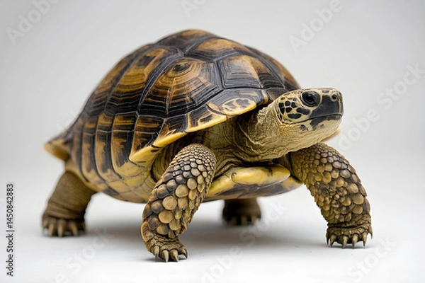Fototapeta Close-up of a captivating tortoise against a plain backdrop.