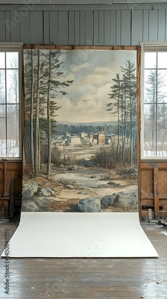 Fototapeta A large landscape painting of a wintry forest scene with a village nestled in the valley, displayed on a white backdrop