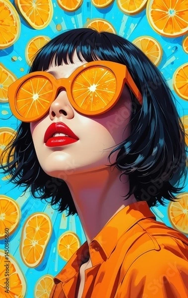 Fototapeta Bright summer vibes ignite joyful energy as a woman enjoys citrus shades in a playful urban setting surrounded by orange slices