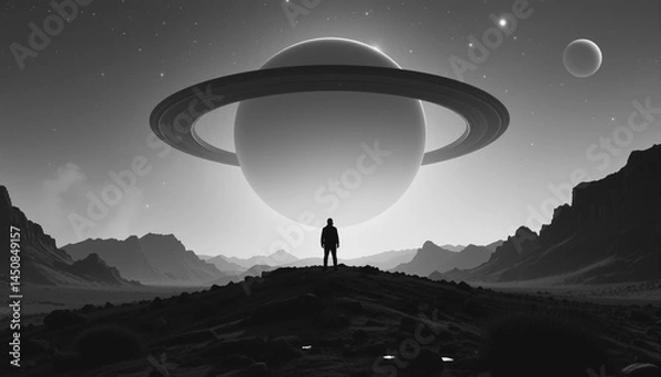 Fototapeta Vast cosmic landscape: One lone individual standing on a desolate landscape, gazing in awe at a massive planet with its majestic rings, accompanied by other celestial bodies.