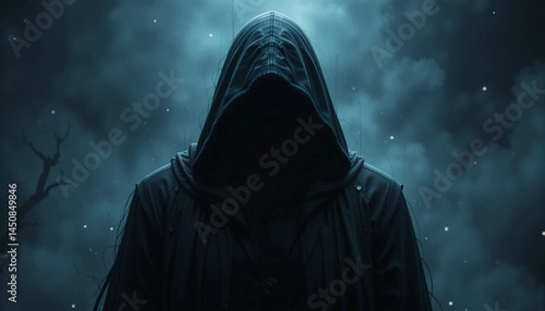 Fototapeta Mysterious Figure in Shadow: A solitary hooded figure, shrouded in an ominous atmosphere. with a hint of dark fantasy, this image captivates with an air of intrigue and the unknown.