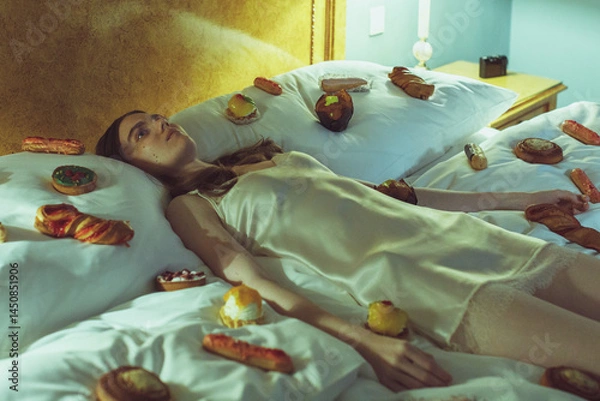 Fototapeta Young woman in silk nightdress lying in bed surrounded by pastries. Surreal and dreamy concept of indulgence, loneliness, and absurdity in a vintage bedroom setting.