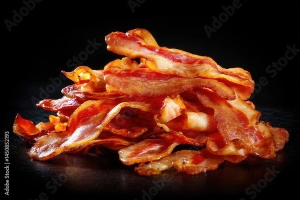 Fototapeta Delicious Pile of Crispy Bacon Against Dark Backdrop - Irresistible Breakfast Delight