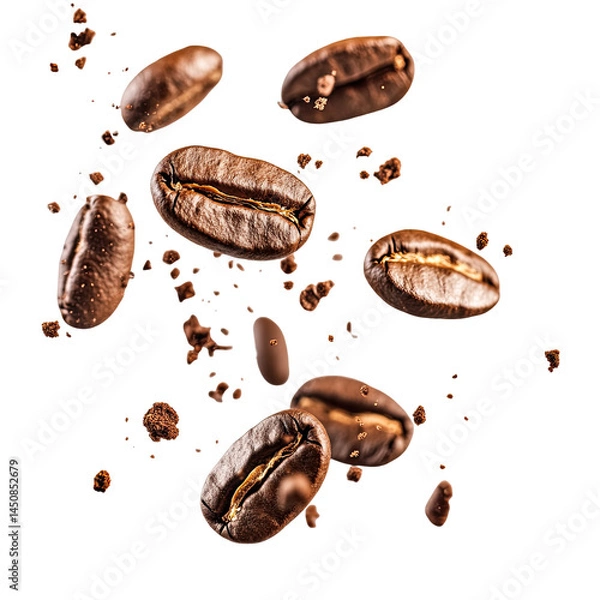 Fototapeta Roasted Coffee Beans Falling With Little  isolated on a transparent background