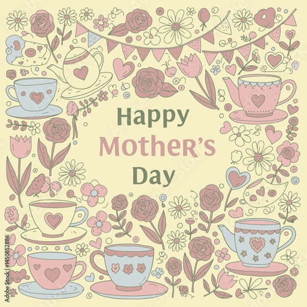 Fototapeta Cute Kids-Style Mother’s Day Vector with Playful Florals and Teacups – Happy Mother's Day. Hand drawn art template for Mothers Day greetings, ads, sales and decoration