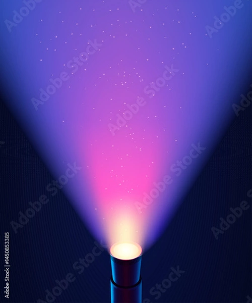 Fototapeta Purple bottom spotlight with soft pink and blue shades and dust in it on dark background, vector poster background