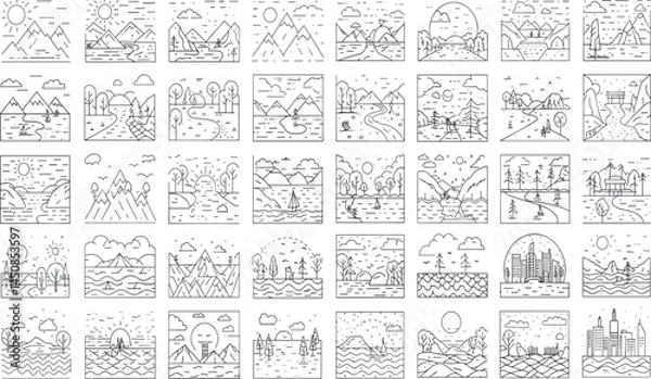 Fototapeta Landscapes line icon set. Vector pictograms of natural and urban scenery, mountain, beach, forest, desert, waterfall, cityscape, canyon 