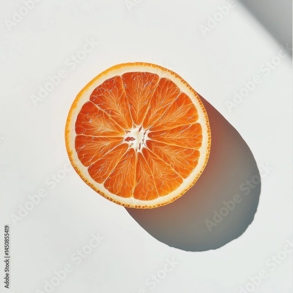 Fototapeta a halved orange showing juicy segments, placed flat on white background, no shadow 