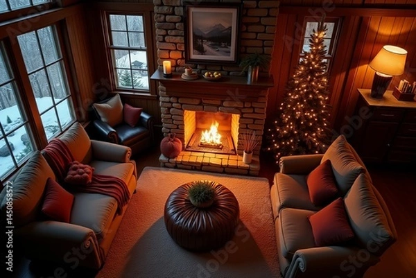 Fototapeta A Perfect Winter Evening: Cozy Living Room with Roaring Fireplace, Plush Armchairs, and Warm Lighting captured in High-Angle Shot