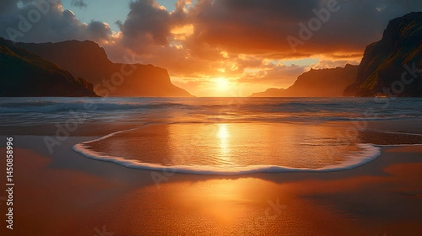Obraz Dramatic sunset over a tranquil beach with waves gently lapping the shore. Golden hues paint the sky and water, reflecting the sun's brilliance