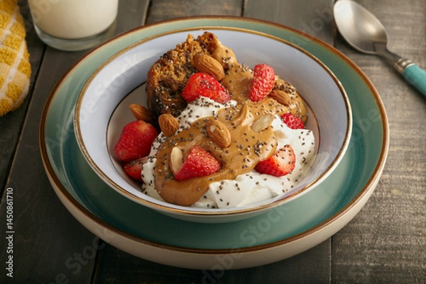 Obraz Healthy bowl of fruit cake with yogurt,peanut butter,strawberries and chia seeds.