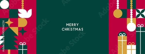 Fototapeta Merry christmas banner template geometric retro style. ratio 8:3 in flat design