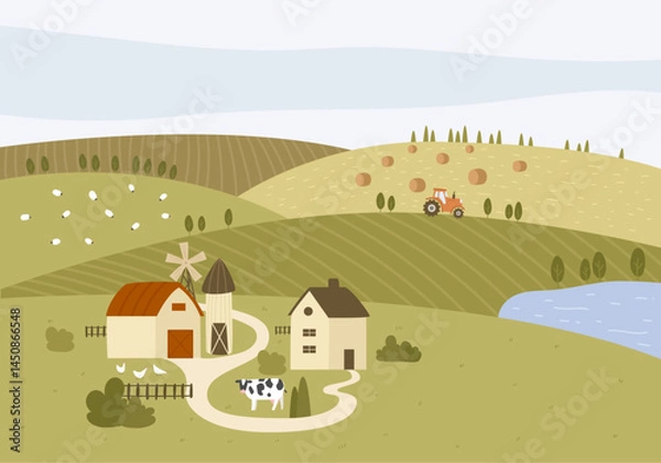 Fototapeta Vector illustration showing a farm in the countryside with a tractor tilling a field. Haystacks dot the ground, with a charming country mill and grazing cows and lambs in the background.