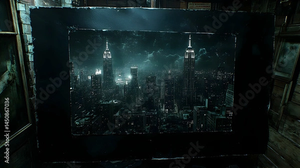 Fototapeta A framed, dark, moody cityscape, possibly NYC, at night, with a gritty, textured effect