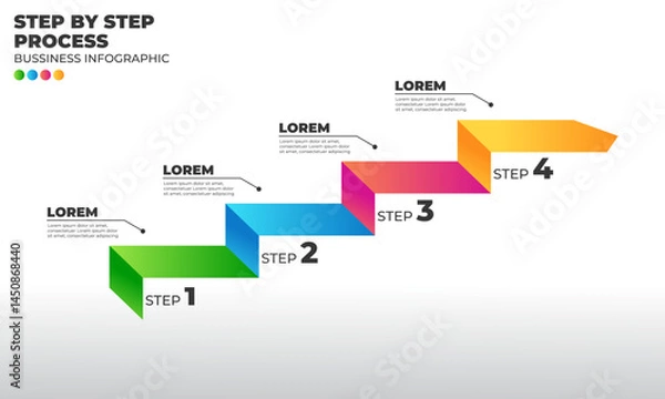 Obraz Editable 4-step infographic diagram in a clean flat design. Arranged as rising steps to the top-right, symbolizing progress and direction. Ideal for showing workflows, timelines, project stages, or go