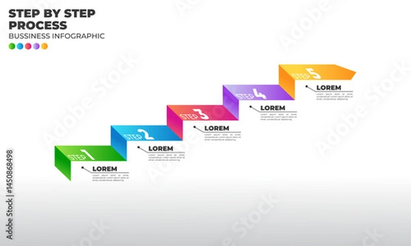 Obraz A professional 5-step infographic with ascending stair-style layout moving to the upper-right corner. Designed with vibrant colors and minimal flat style, it's ideal for illustrating complex workflows