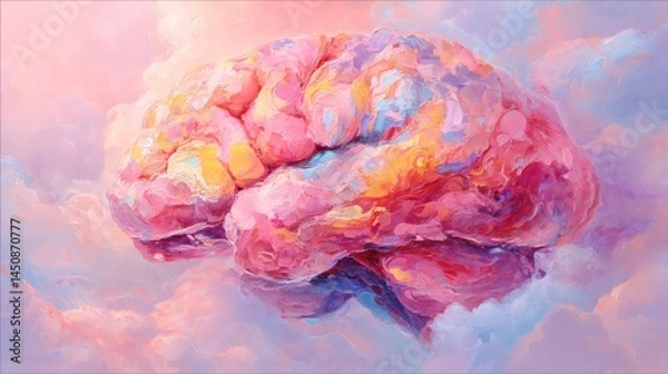 Fototapeta Colorful brain floating among pastel clouds. The brain is rendered in vibrant, swirling colors, suggesting creativity and imagination