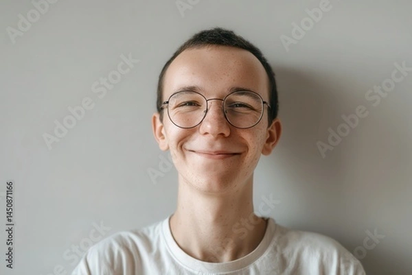 Fototapeta A young Caucasian man with a handsome face is photographed in daylight against a grey background, wearing a white t-shirt and round eyeglasses as he smiles and looks directly at the camera