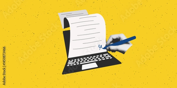 Fototapeta Digital electronic signature concept art collage banner template. Cutout halftone hand signing business contract or document on laptop computer screen. Modern retro mixed media vector illustration