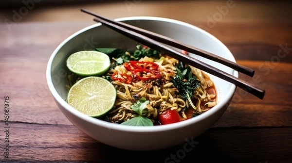 Fototapeta A delicious bowl of noodles with chopsticks ready to eat