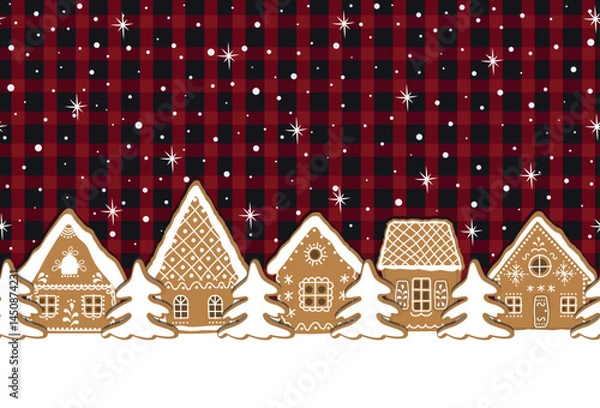 Fototapeta Christmas Seamless Border. Gingerbread Cookies. Banner. Fairytale Winter Landscape. Gingerbread Houses, Fir Trees, Snowflakes on Red Black Checkered Bg. Classic Buffalo Plaid Bg. Vector illustration