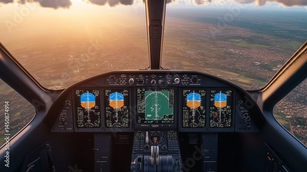 Fototapeta High Precision Aircraft Cockpit Instruments, Detailed Pilotâ€™s View in Flight Technology
