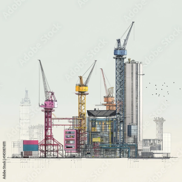 Obraz 建築断面図：工場とクレーン