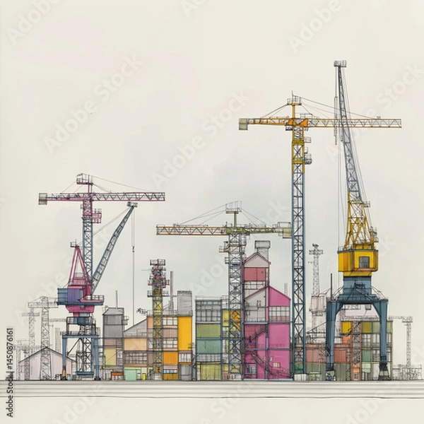 Obraz 建築断面図：工場とクレーン