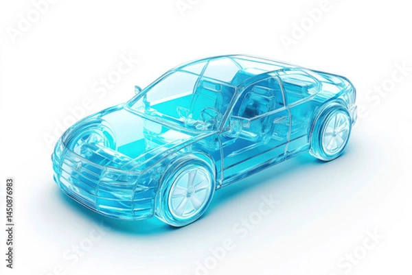 Fototapeta A captivating, transparent blue car model that highlights advanced modern design, showcasing elegance and innovation in automotive art and engineering.