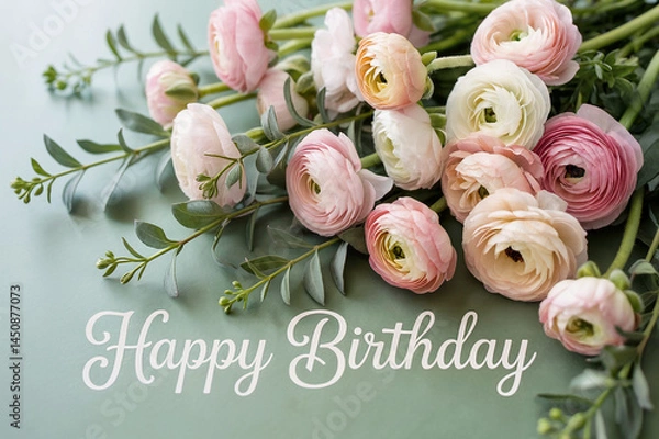 Obraz Happy Birthday greeting card with delicate  ranunculus flowers  arrangement.