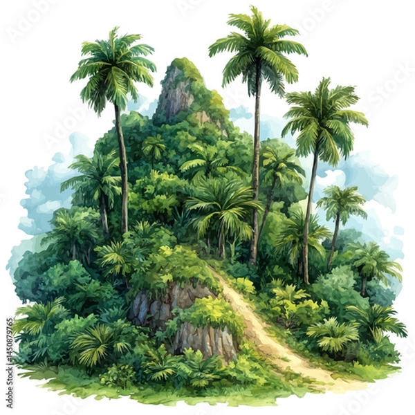 Fototapeta illustration of Dense Jungle With Various Tropical Trees, watercolor vector, isolated on a white background.