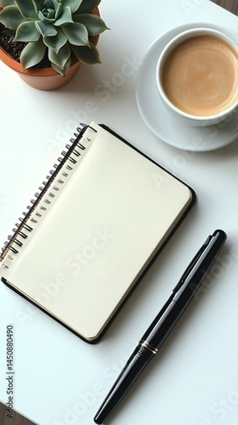 Obraz Minimalist workspace featuring open notebook, coffee, pen and succulent plant