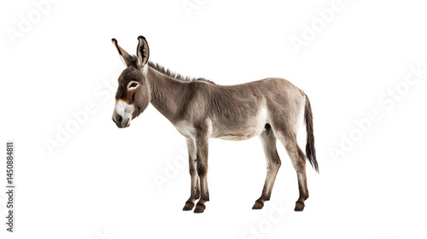 Fototapeta Full body view of a gray donkey standing in a side profile position isolated on transparent background	