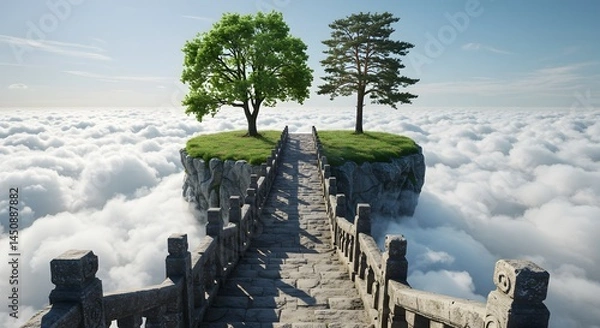 Obraz Fantasy Bridge to Floating Island Above Clouds with Two Trees