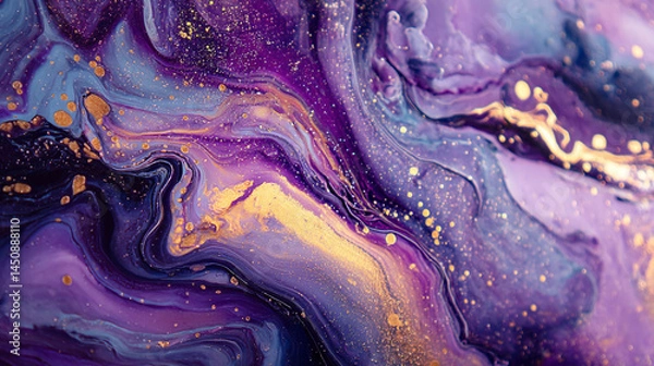 Fototapeta Colorful abstract artwork with swirling purples and gold accents in a fluid design