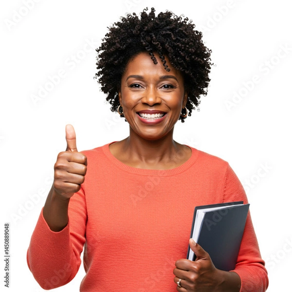 Obraz Smiling Educator with Thumbs Up Holding Folder Transparent Background