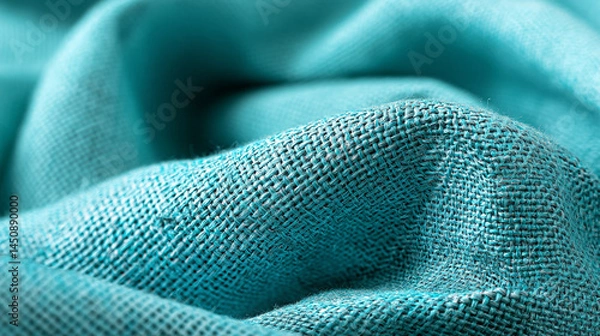 Fototapeta Close-up view of textured turquoise fabric with gentle folds and natural light highlights