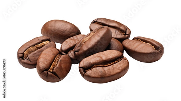 Fototapeta Close up view of a small pile of roasted brown coffee beans together isolated on transparent background	