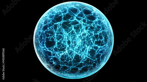 Fototapeta A glowing blue globe with network lines and dots forming a sphere, on black or transparent alpha background. [Fractal Eden] | Geometric Roots | symmetrical earth. Illustration