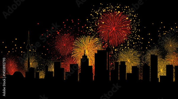 Fototapeta City skyline silhouette with fireworks display celebration new year, eve festive background vector art.