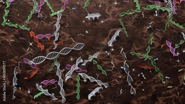 Obraz Fragments of DNA in soil underground. DNA, EDNA pieces in earth and mud. 3d render illustration.