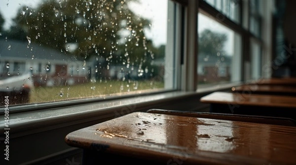 Fototapeta Rainfall outside classroom school environment realistic photograph nature perspective learning atmosphere