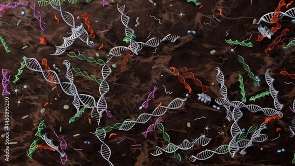 Obraz Fragments of DNA in soil underground. DNA, EDNA pieces in earth and mud. 3d render illustration.
