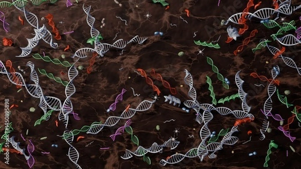 Obraz Fragments of DNA in soil underground. DNA, EDNA pieces in earth and mud. 3d render illustration.